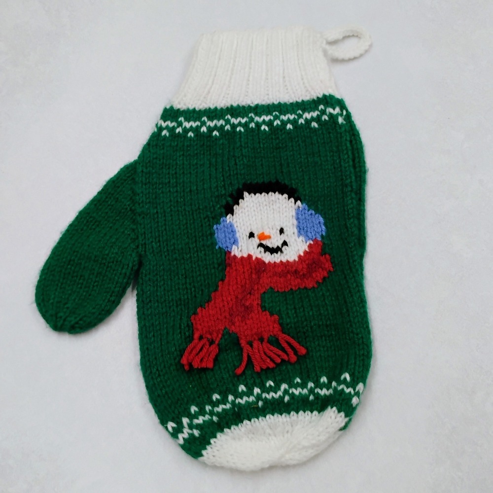 Hand Knitted Green Mitten Snowman Design Christmas Stocking Holiday Decor